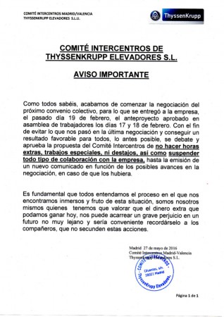 AVISO IMPORTANTE DEL COMITÉ INTERCENTROS DE THYSSENKRUPP ELEVADORES S.L.U